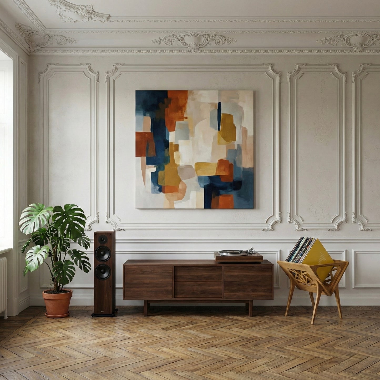 Wooden vinyl stand in a living room with abstract painting, wooden cabinet, and chair.
