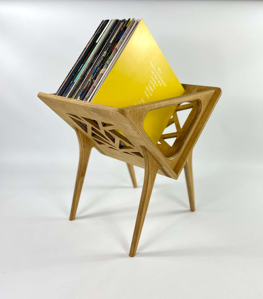 Small Thor vinyl stand in honey oak finish, showcasing minimalist design