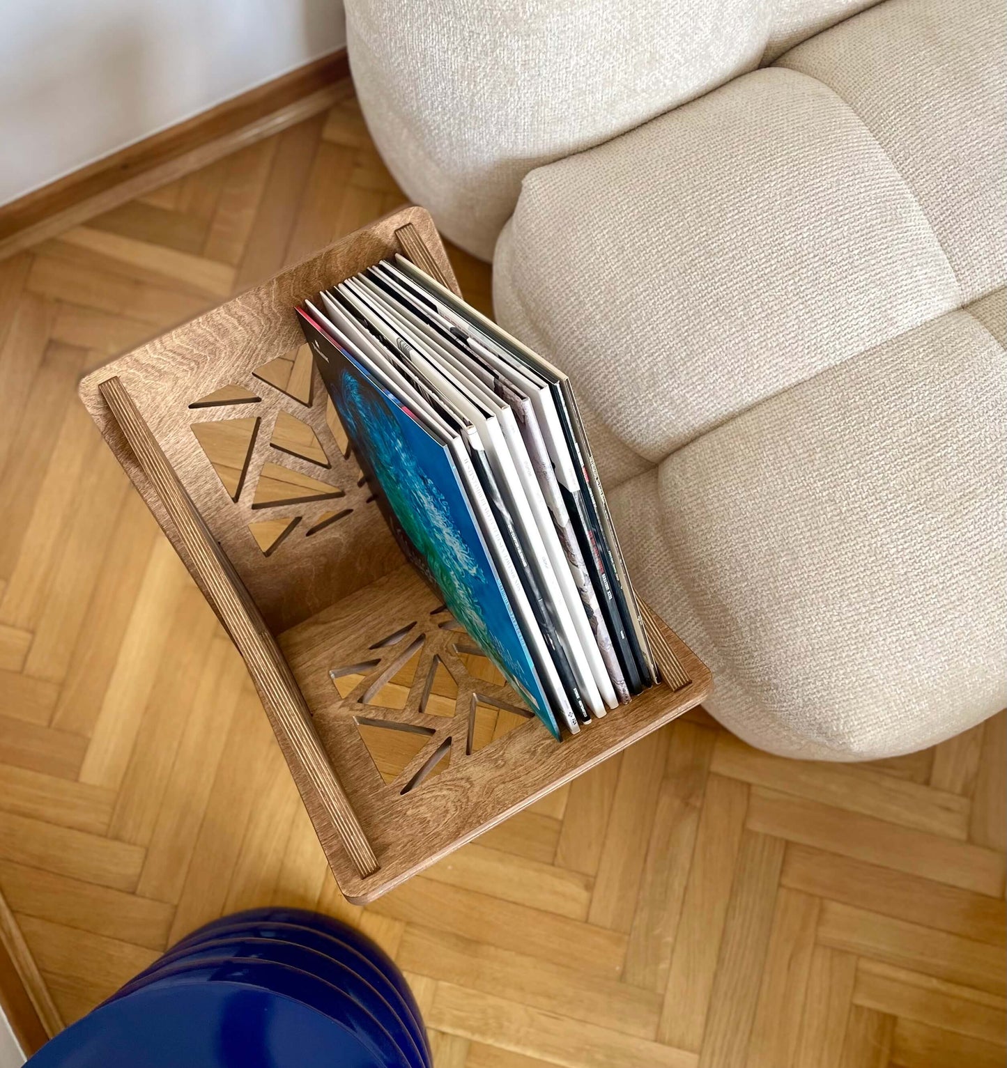 Top-down view of Small Thor vinyl stand displaying its open storage compartment