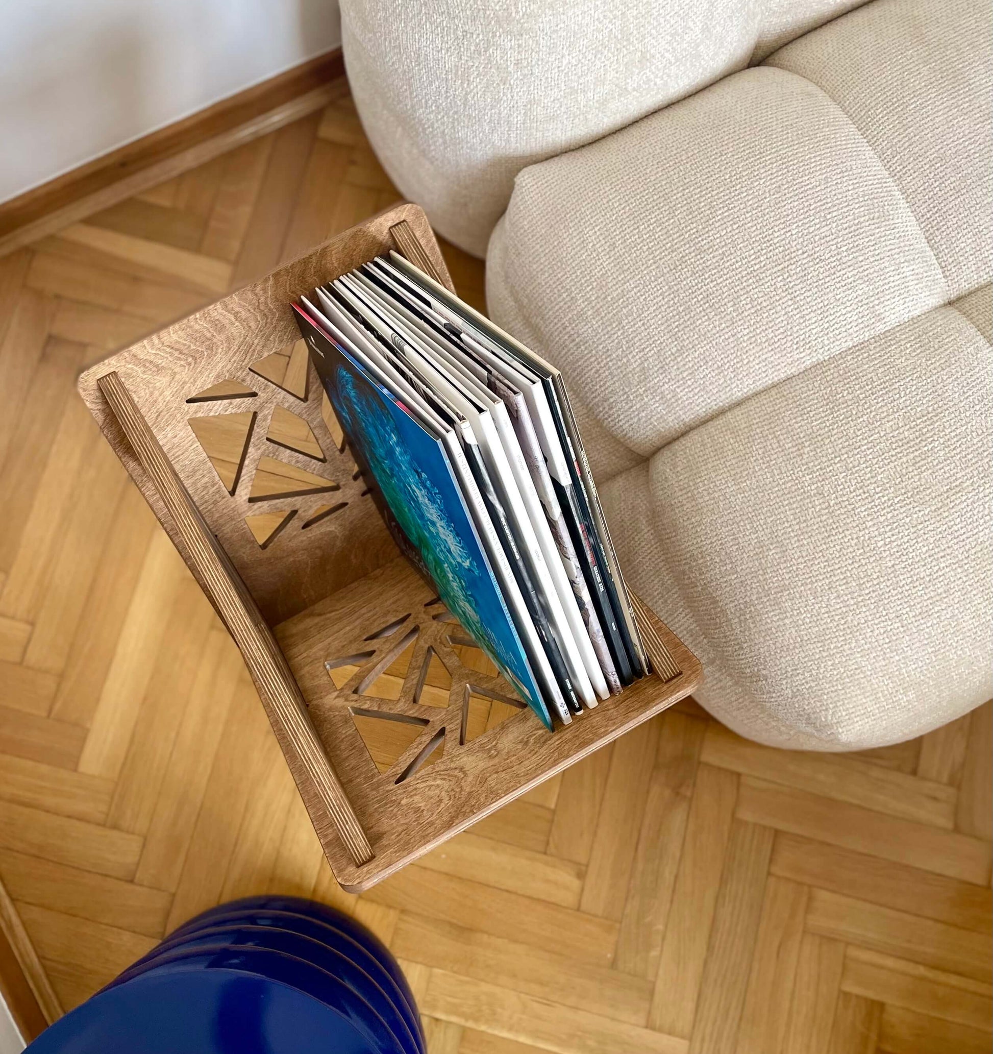 Top-down view of Small Thor vinyl stand displaying its open storage compartment