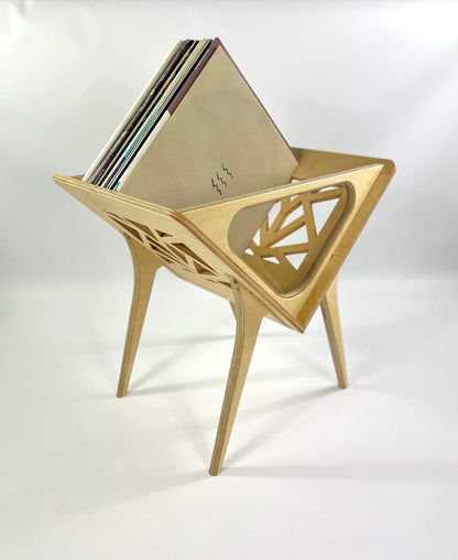 Small Thor vinyl stand in natural beech finish, showcasing open work design