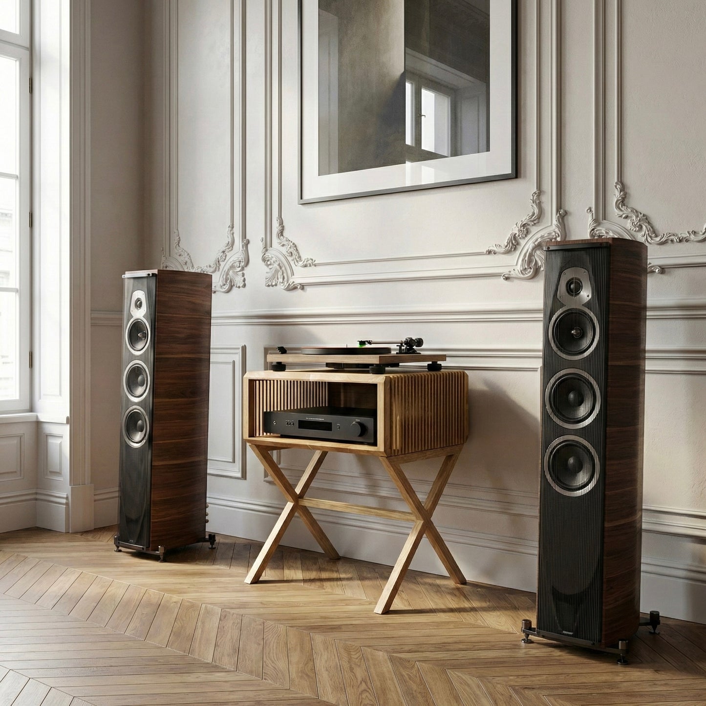 High-end audio setup with speakers and a turntable in a classic room.