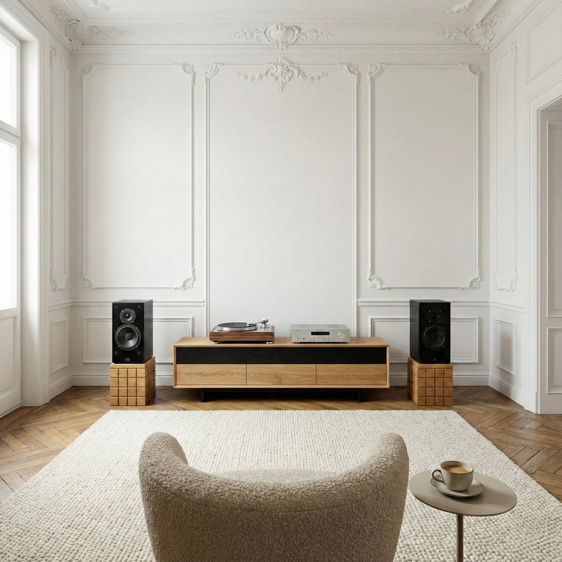 Modern living room with wooden entertainment console, speakers on a wooden speaker stand, and a chair.