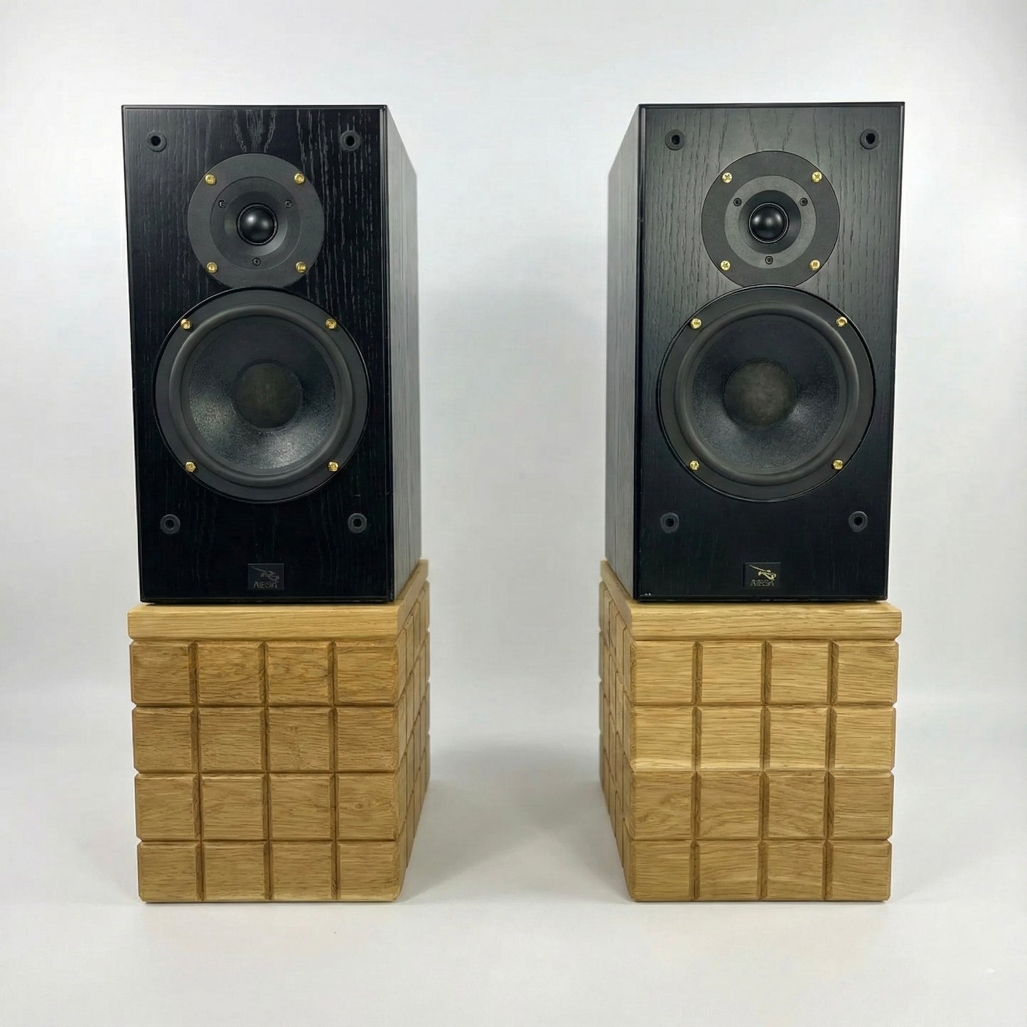 Pair of black speakers on wooden stands against a white background
