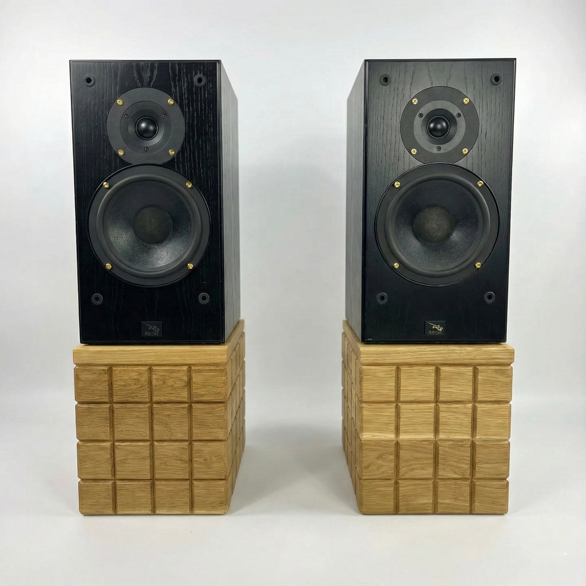 Pair of black speakers on wooden stands against a white background