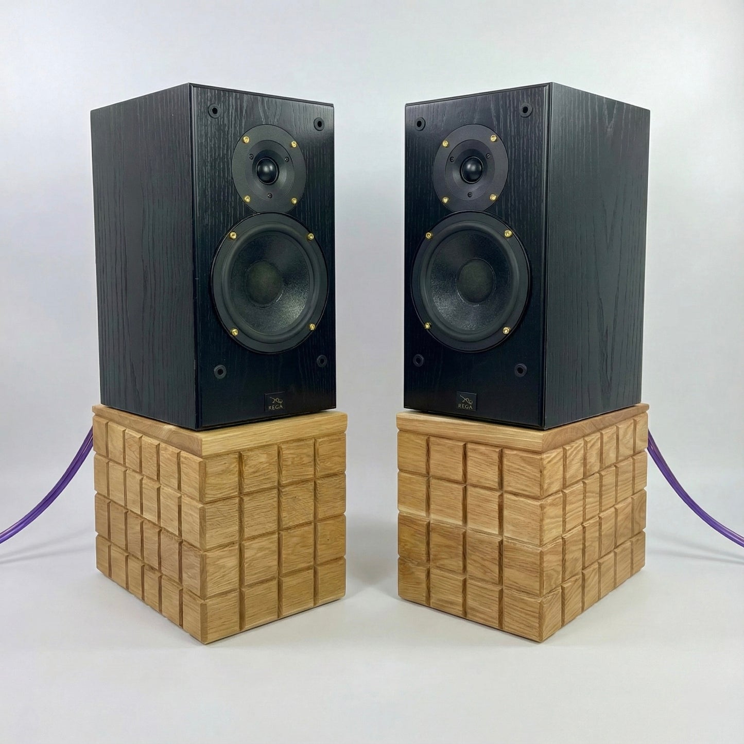 Pair of black speakers on wooden stands with a white background