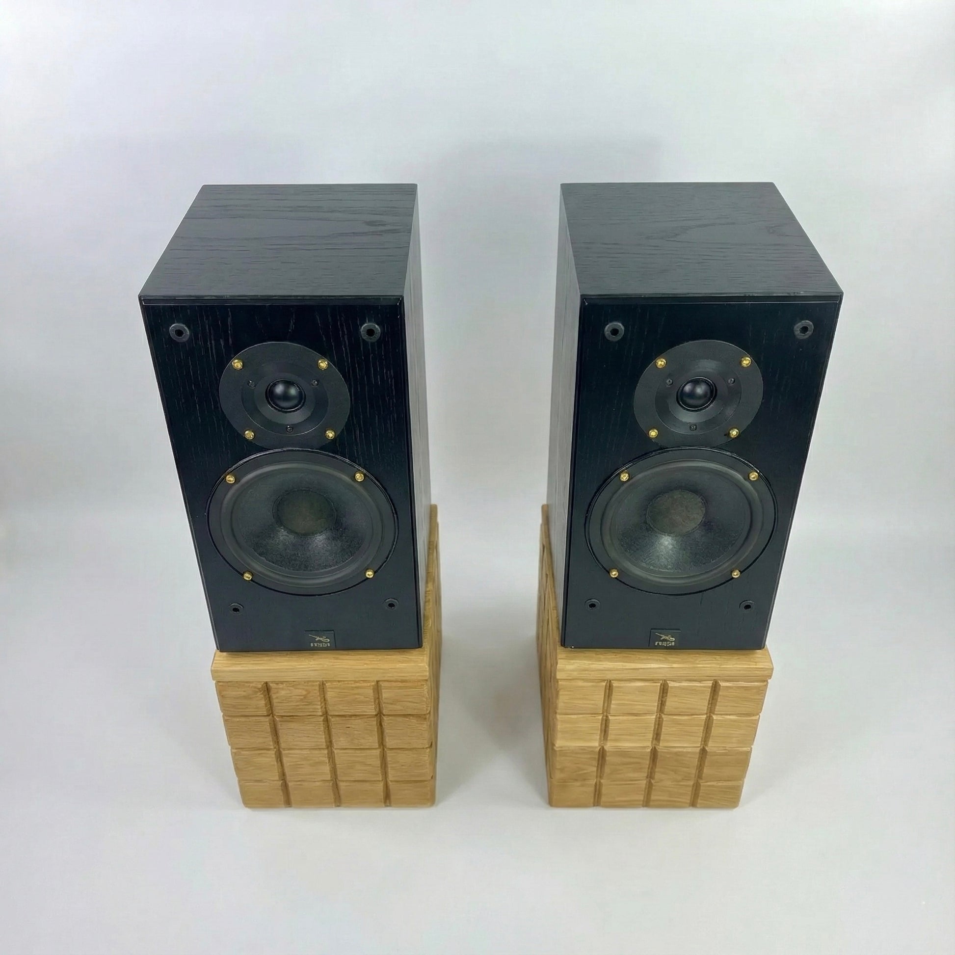 Pair of black speakers on wooden speaker stands on a white background