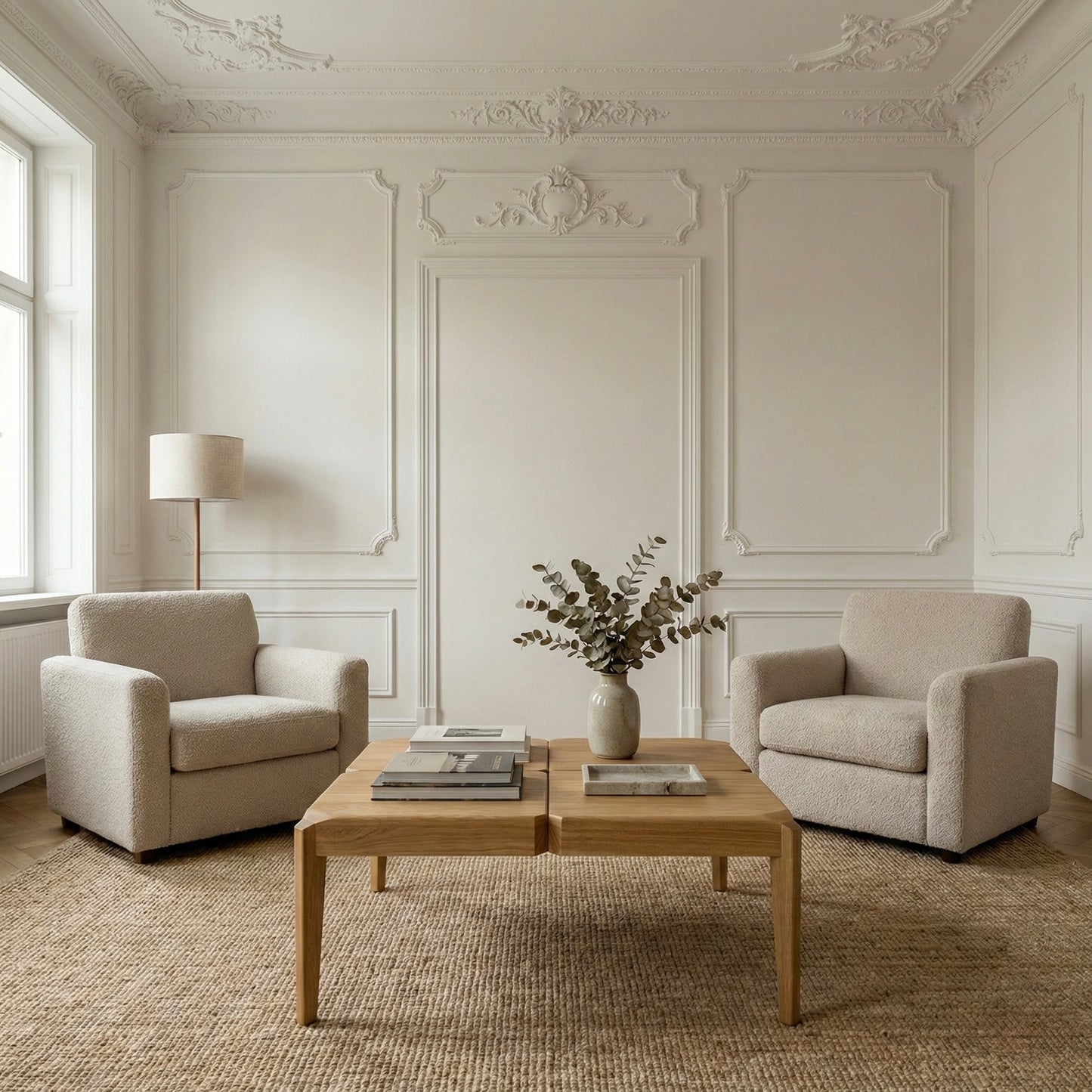 Square wooden coffee table in a minimalistic modern living room