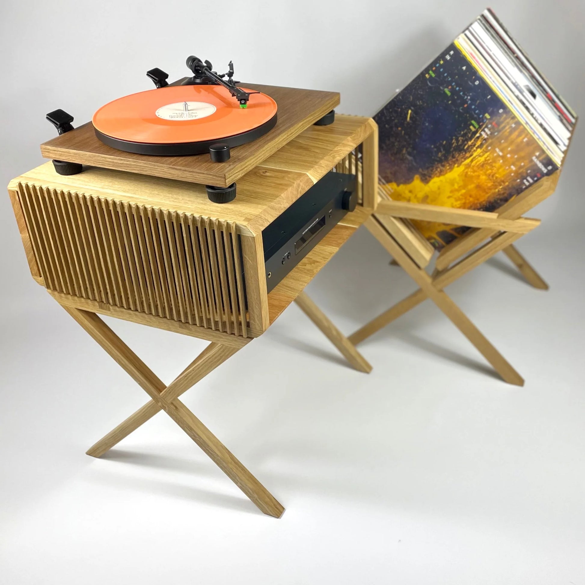 set of wooden audio table and a wooden record stand on a white background