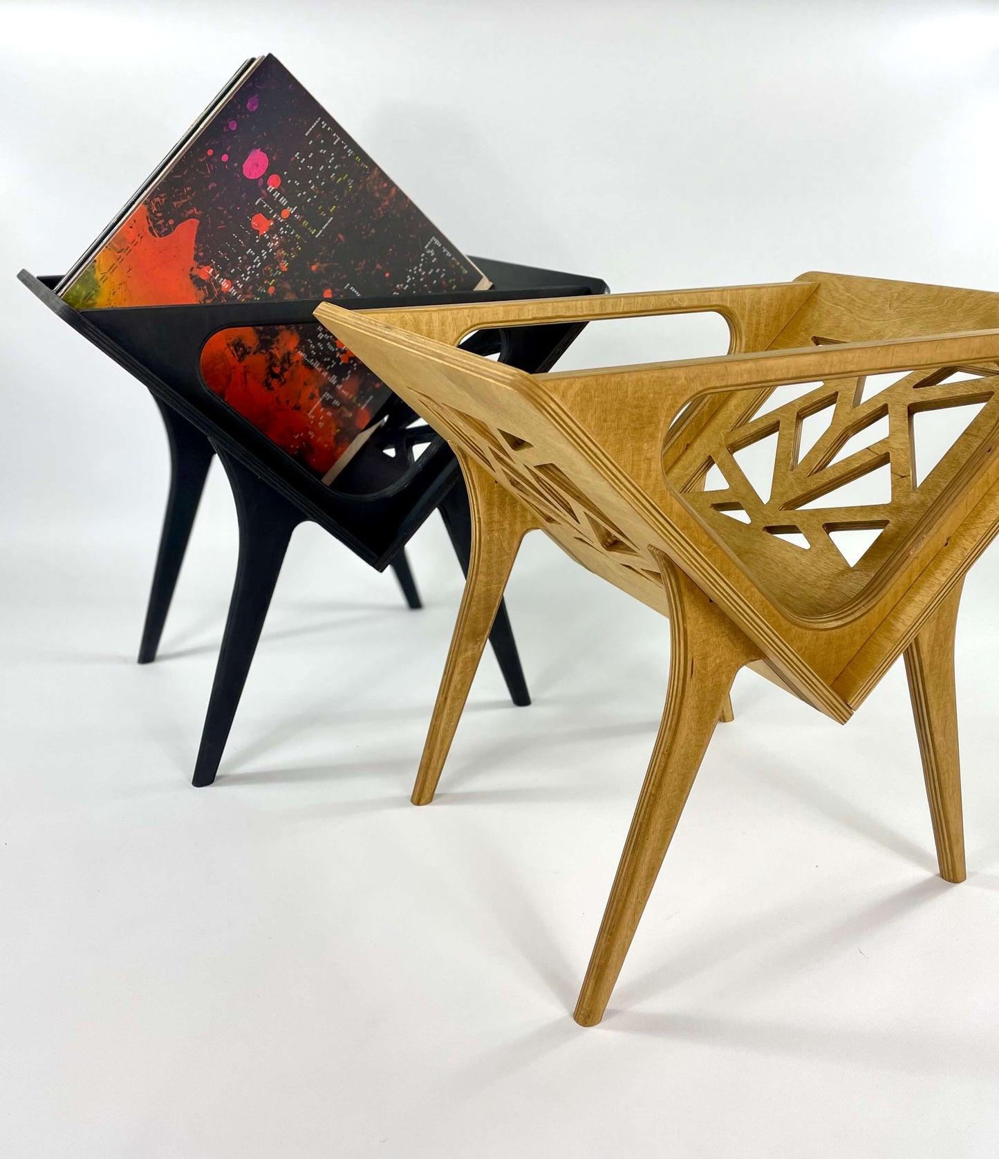 Set of two vinyl stands in oak and black finishes