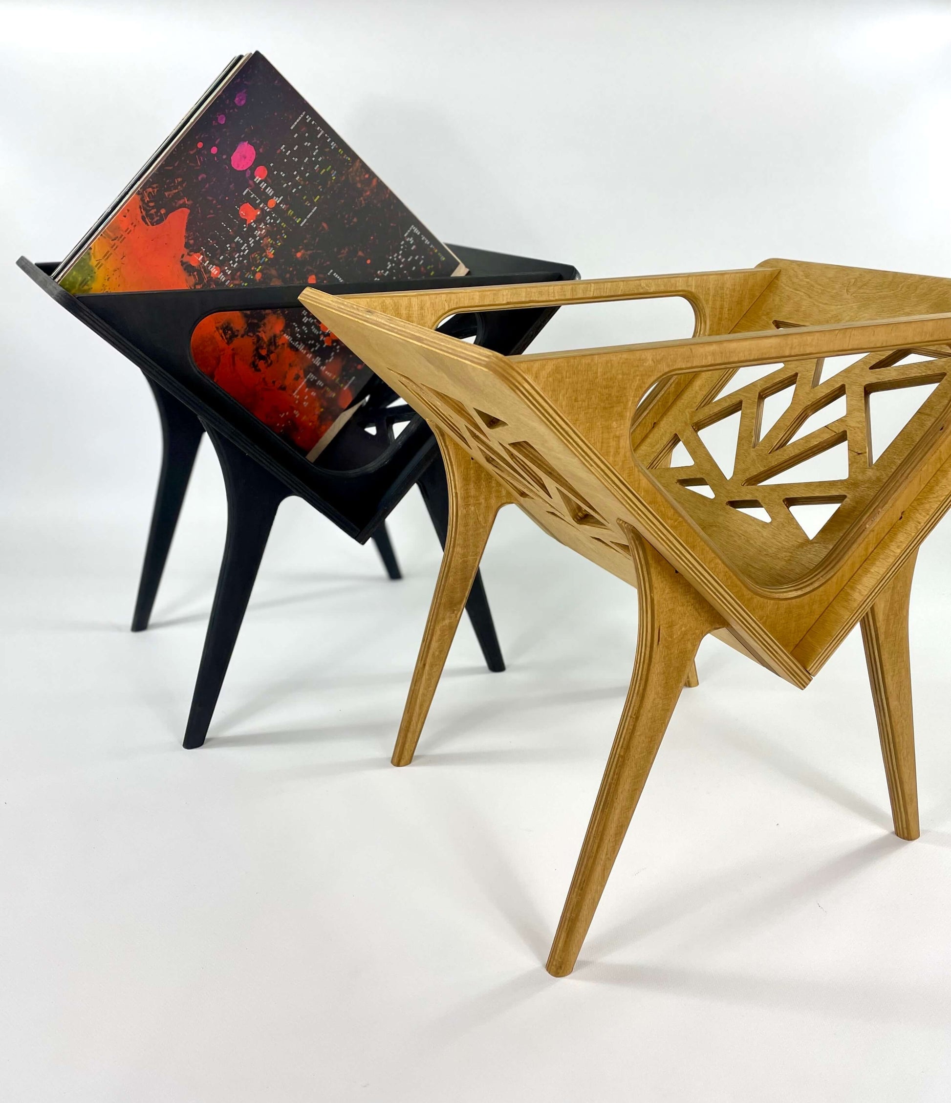 Set of two vinyl stands in oak and black finishes