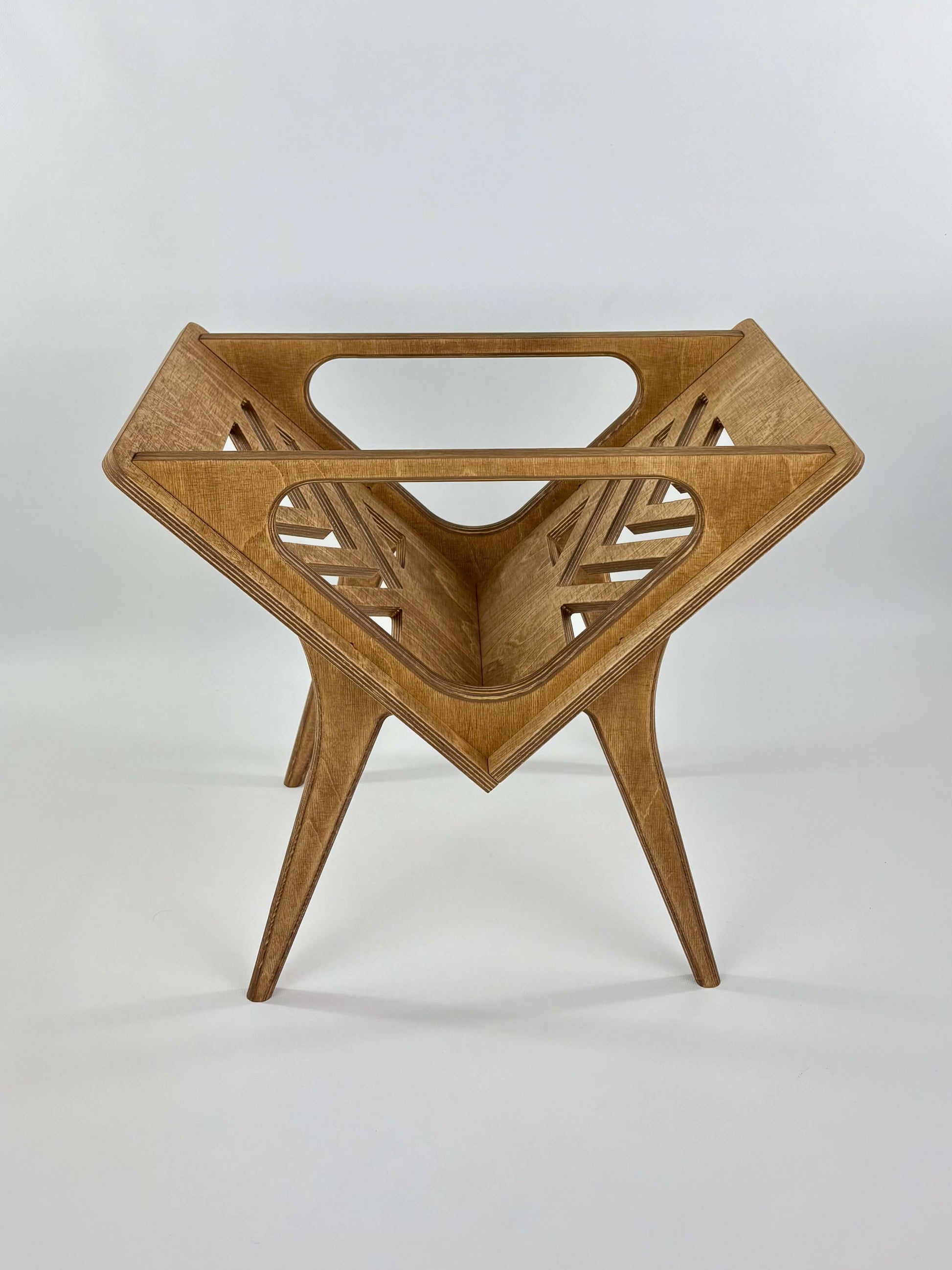 Side view of the vinyl stand with herringbone pattern in walnut finish