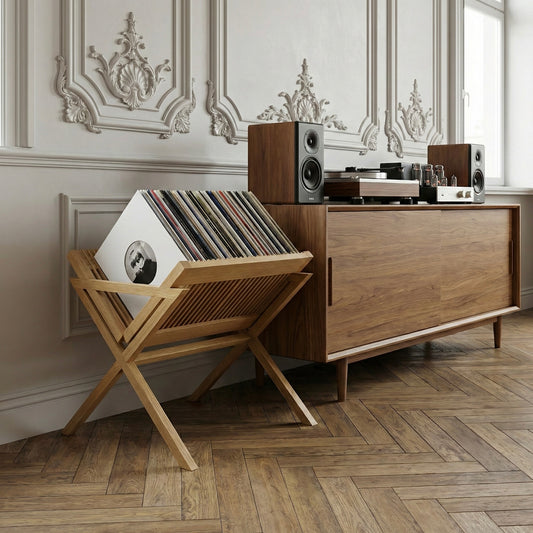 Wooden vinyl stand in a classic interior