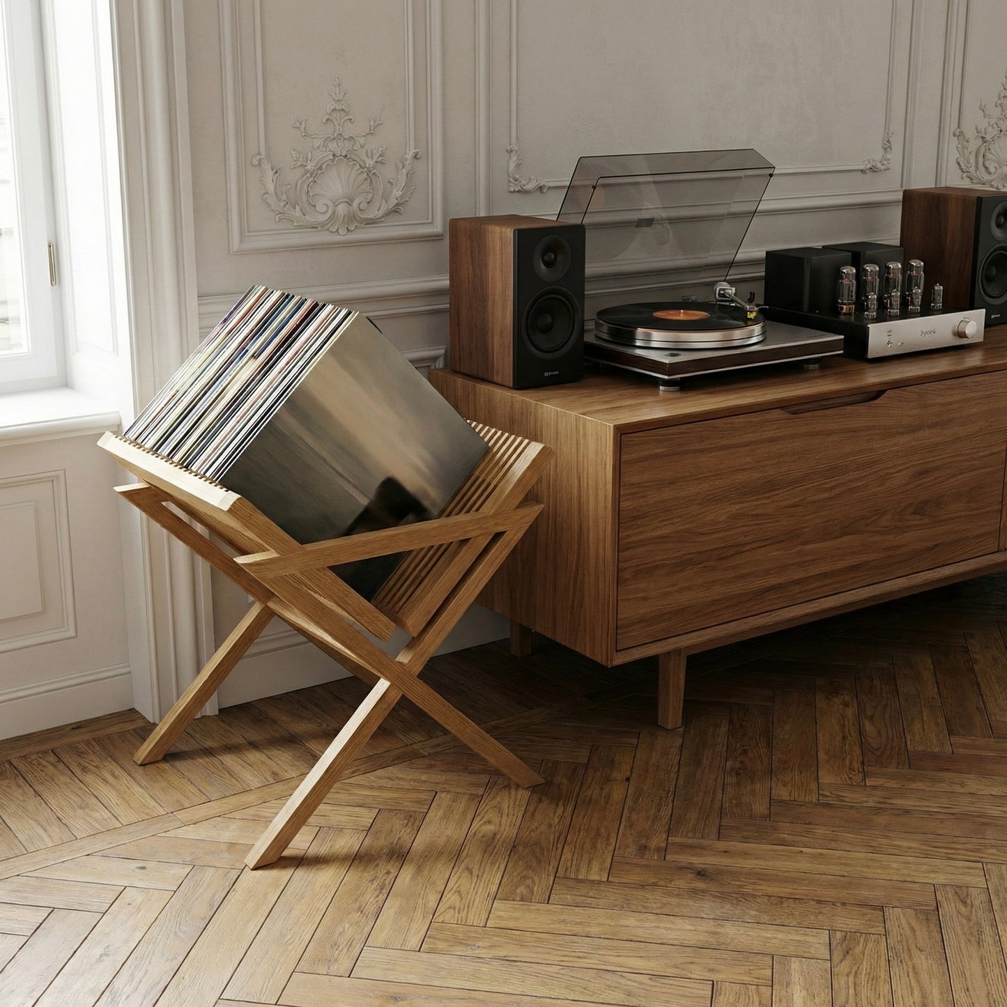 HiFi setup with a wooden vinyl stand