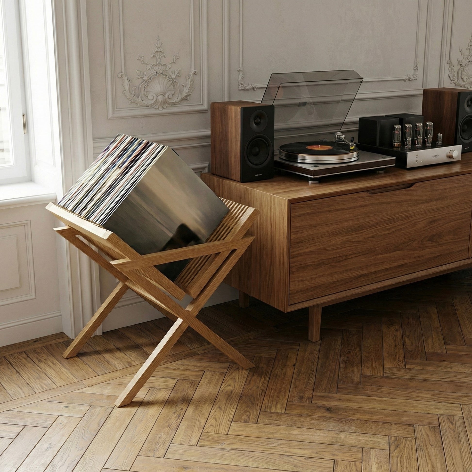 HiFi setup with a wooden vinyl stand